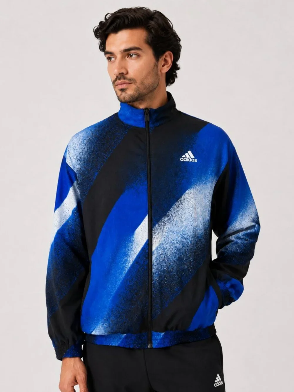 adidas Men’s M Blue Black Abstract Print Full Zip Track Jacket Logo